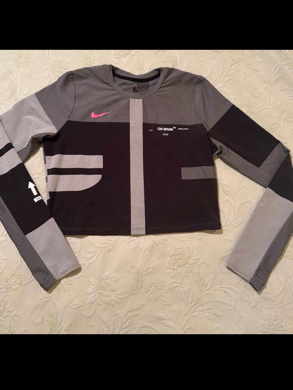 Nike x Off-White 2019 Virgil Abloh Gray Black Long Sleeve Crop Top Large